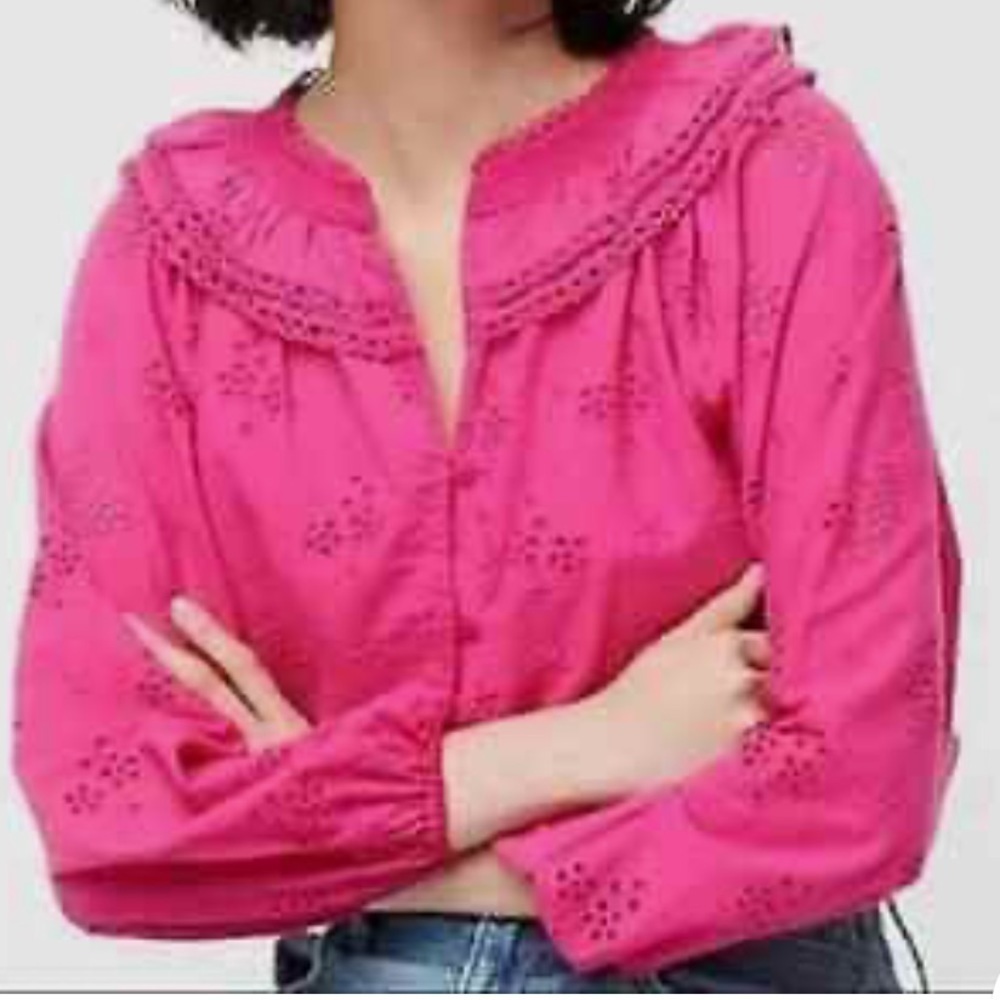 J Crew Solid Black Button-Front Eyelet Peasant To… - image 2